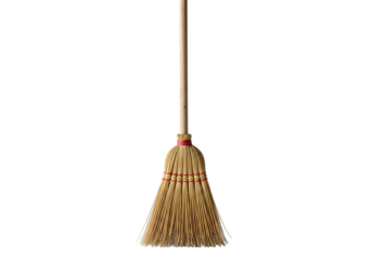 Traditional straw broom with wooden handle and red string binding, isolated on a clean background.