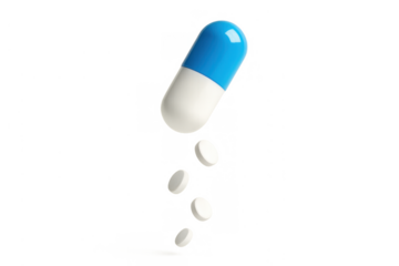 Blue and white capsule opening, releasing small white tablets, representing medication and drug delivery, transparent background