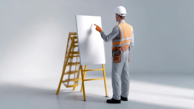 Construction Worker in Hard Hat Points to Blank Sign with Ladder near him