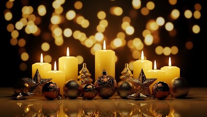 Create warm Christmas invitations with this elegant candle and ornament display, perfect for holiday greetings and adding a festive touch to your seasonal designs