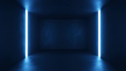 Dark futuristic tunnel interior with a glowing blue neon rectangle frame at the far end of the room 4k video - Powered by Adobe