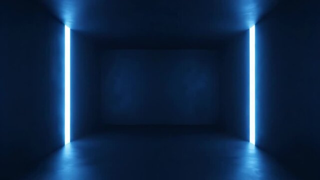 Dark futuristic tunnel interior with a glowing blue neon rectangle frame at the far end of the room 4k video