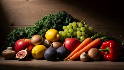 Vibrant, fresh fruits and vegetables create a delicious, healthy display for your next culinary masterpiece or wellness campaign