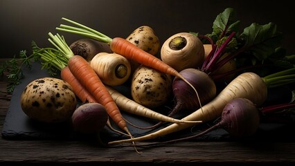 Freshly harvested root vegetables featuring carrots, potatoes, turnips, parsnips, and beets on dark slate
