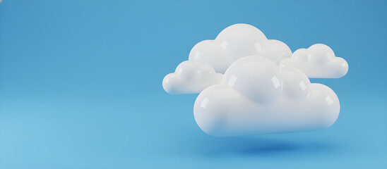 Stylized white cartoon cloud against a clean blue sky, a minimal 3D render representing weather concepts, cloud technology, and providing an abstract background with ample copy space.