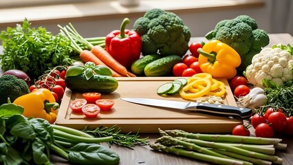 Fresh vibrant vegetables ready for chopping on cutting board for healthy meal preparation and wellness inspiration