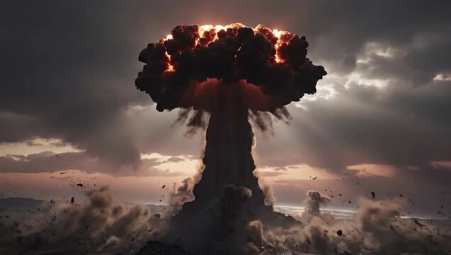 Massive nuclear explosion mushroom cloud fiery orange flames dark stormy sky dramatic natural disaster scene
