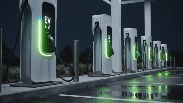 Electric Vehicle Charging Stations in Row at Night