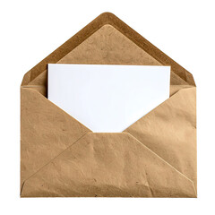 Open brown envelope with blank white card inside. Invitation