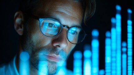 Young businessman with glasses and headphones smiling close-up at computer