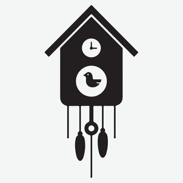 Black and White Silhouette of a Cuckoo Clock with Bird and Pendulums