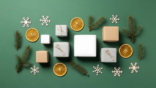 Elegant Christmas gifts with dried orange slices and evergreen branches on a festive green background, perfect for holiday promotions and winter sales ads