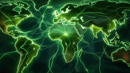 A glowing green digital world map illustrating global network connections and data flow across continents. - Powered by Adobe