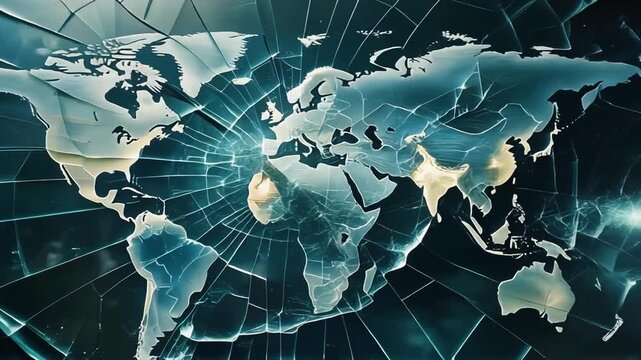 A shattered glass world map with radiating cracks symbolizing global fragmentation and fragility.