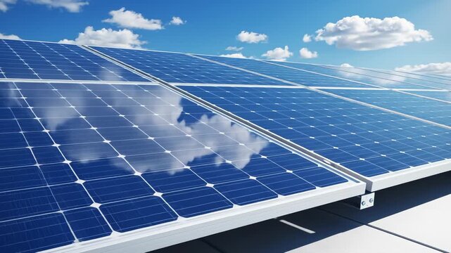 Reflecting Clouds on Solar Panels Against Blue Sky