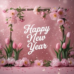 Floral frame digital illustration with Happy New Year text on pink background
