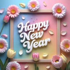 Happy New Year 3D text in wooden frame with flowers greeting card
