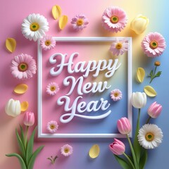 Happy New Year 3D text digital illustration with floral decoration greeting card