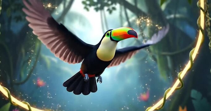 Colorful toucan soaring through a lush jungle with magical elements and vibrant flora