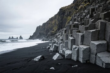 Basalt columns along a black sand beach with ocean waves and rocky cliffs in the background