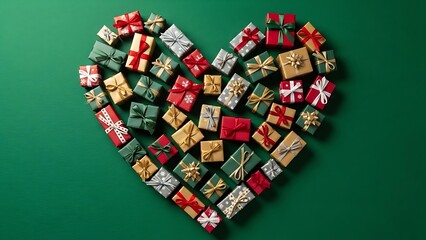 Spread holiday cheer with this heart-shaped collection of festive gifts wrapped in elegant paper and ribbons, perfect for Christmas promotions and heartwarming campaigns
