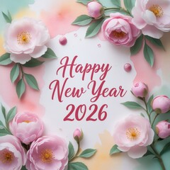 Happy New Year 2026 greeting card with pink floral watercolor background