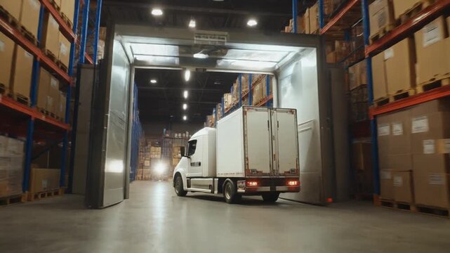 Delivery truck entering a large industrial warehouse with many stacked boxes, indicating logistics and supply chain operations