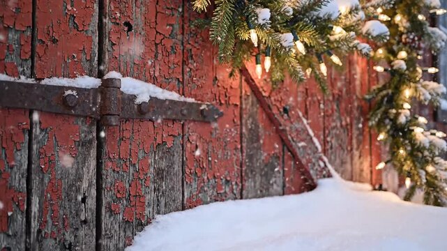 Rustic Barn Door with Snow and Christmas Lights