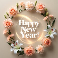 Happy New Year text in floral wreath with roses and lilies greeting card