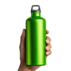Traveler holding green water bottle in nature outdoor adventure lifestyle context