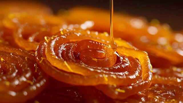 Close-up shot of delicious, golden jalebi pastries, a spiral-shaped Indian dessert, with syrup dripping, showcasing sweetness and texture