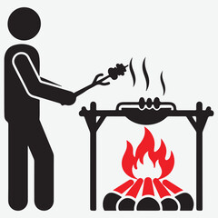 Stick figure cooking food over an open fire grill