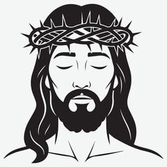 Stylized Black and White Portrait of Jesus Christ with Crown of Thorns