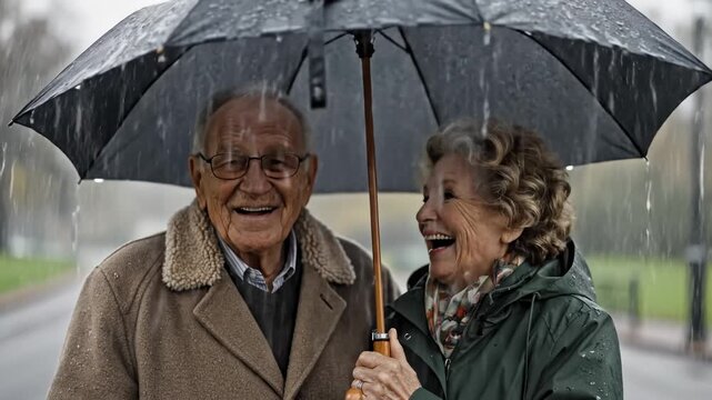 Senior Couple Laughing Together Under Umbrella in Rain