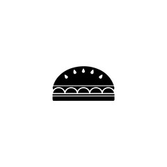 Illustration of a black and white burger with sesame seeds on top bun and visible layers inside on transparent background