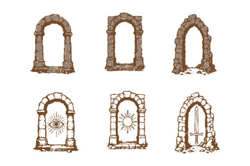 set of Jungle stone game UI frame, hand drawn ancient rock vector sign board, line art gray boulder buttons. User interface design object, tarot engraving Stone frame kit isolated on white background