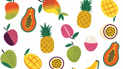Vibrant and diverse collection of tropical fruits in a playful illustration style.