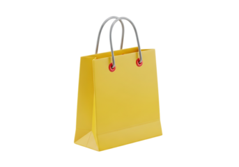Vibrant yellow 3d shopping bag illustration with white handles, ideal for retail and e-commerce designs.