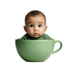Charming baby in a teacup indoor setting portrait photography whimsical vibe