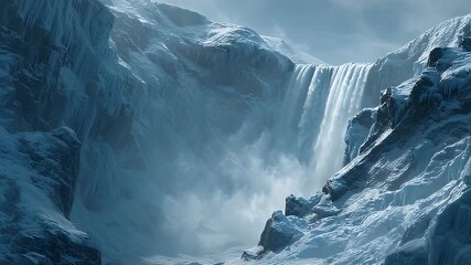 Majestic glacial cascade plunges through a rugged, pristine arctic wilderness, where ancient ice sculpts a serene, frozen landscape of awe-inspiring beauty