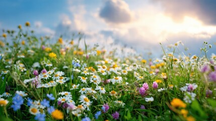 Fototapeta premium Bright Spring Meadow Filled With Wildflowers and Fresh Grass Under Blue Sky and Sunlight Haze Showcasing Natures Beauty