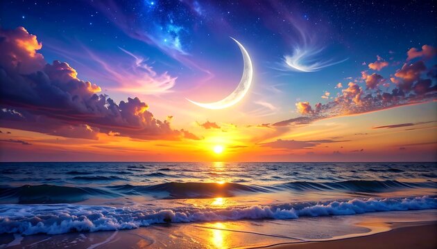 Beautiful sunset over the ocean, crescent moon and vibrant clouds - Powered by Adobe