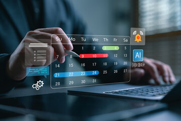 Businessman planning schedule using digital calendar interface with AI technology. Concept of smart scheduling, task automation, time management, project planning, and productivity tools.