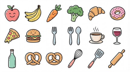 Hand Drawn Food and Drink Doodle Vector Set - Culinary, Recipe, Cafe, Restaurant Icons & Healthy Eating Elements