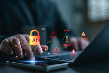 AI cybersecurity concept showing warning signs and a secure padlock on a digital interface, symbolizing data protection, system threat detection, and cyber risk prevention.