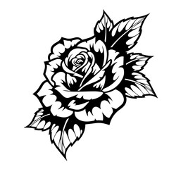 Elegant Rose in Black and White Floral Illustration with Detailed Petals and Leaves