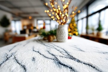 Fototapeta premium Snowy marble surface with blurred festive lights and Christmas tree bokeh background