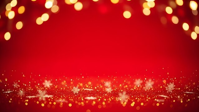 Festive red background with bokeh lights and snowflakes