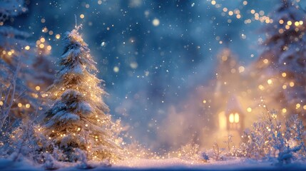 Magical winter forest scene illuminated by glowing fairy lights and falling snow creating a festive holiday atmosphere