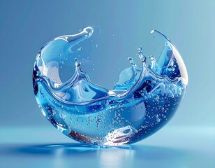 Clear water splash forming a globe against blue backdrop